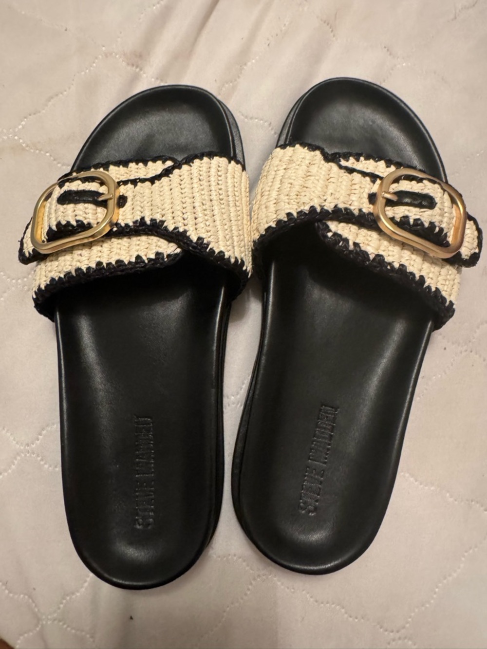 Steve Madden Black and Natural Raffia Buckle Slide